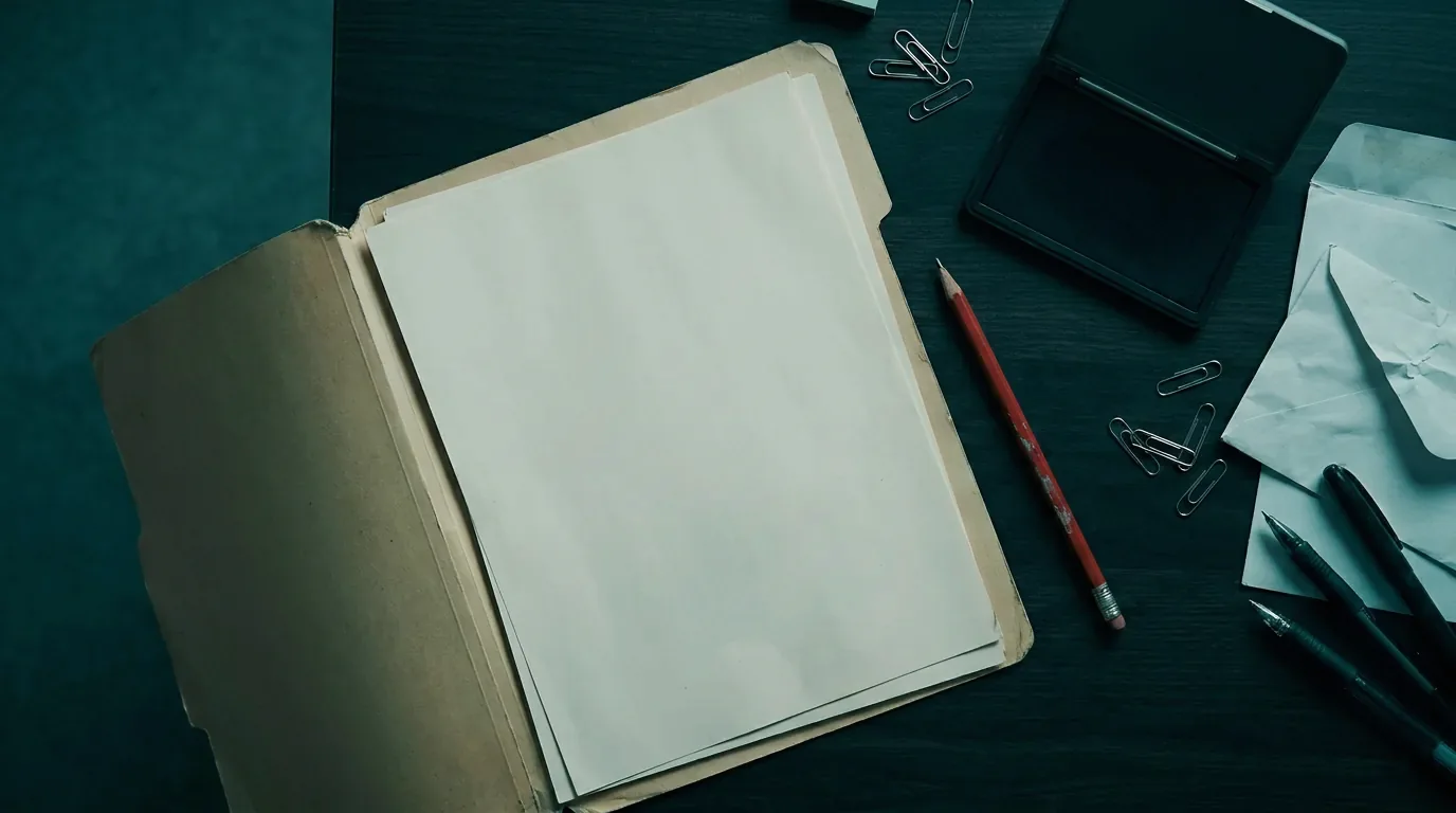 An open folder of blank pages beside a red pencil and an ink pad on a dark desk