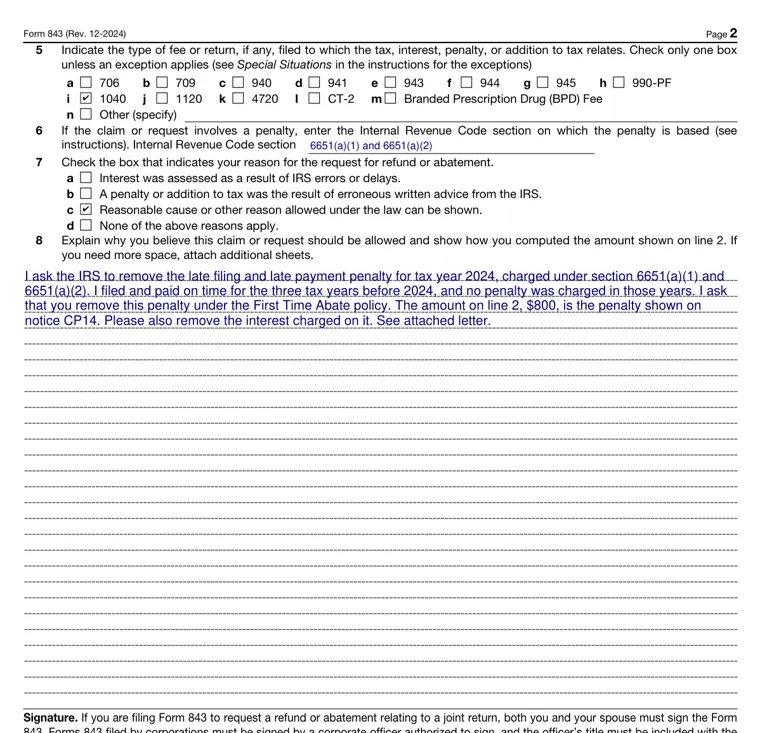 Page 2 of the official IRS Form 843, filled in for a made-up person, with line 7 box c checked and line 8 filled in