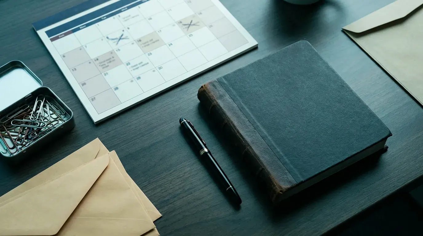 A desk calendar with marked due dates beside a closed ledger and a pen